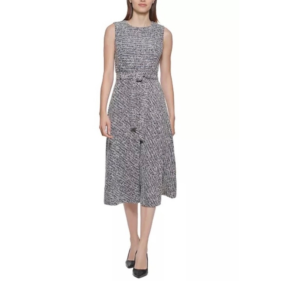 Calvin Klein Womens Black White Herringbone Sleeveless Belted Midi Dress Size 8